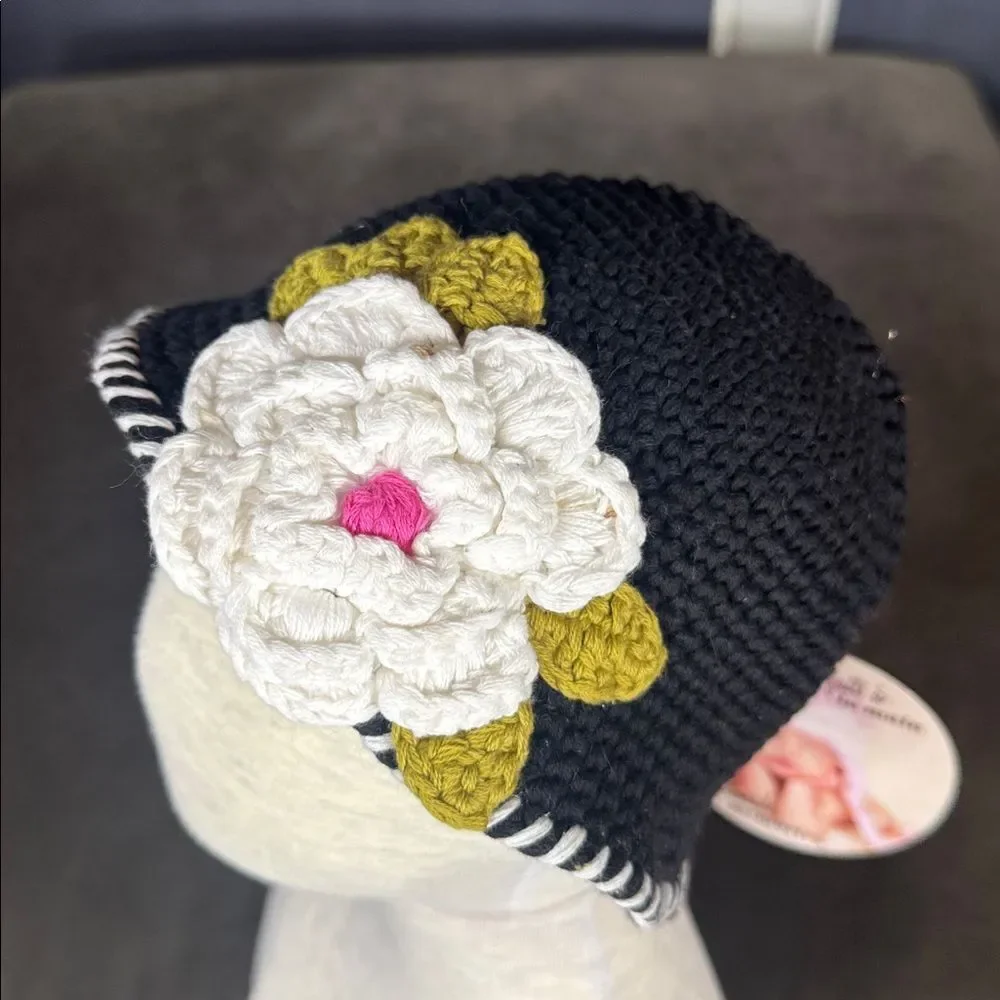 Daisy Baby Black Crocheted Sun Hat Layered Flower 100% Cotton 6-12 months NEW